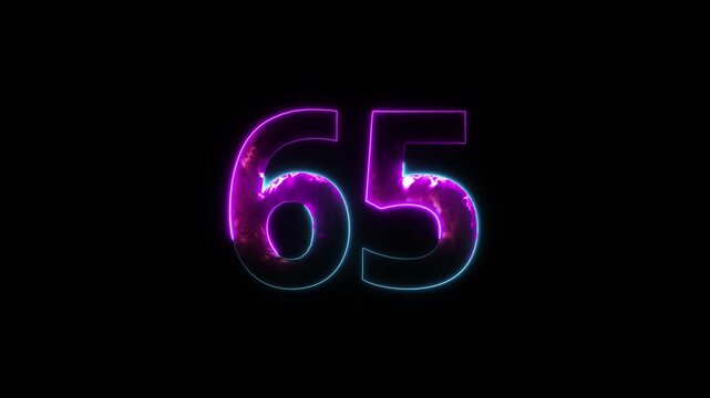 Neon number 65 with alpha channel, number sixty five, numerology, neon number with transparent background