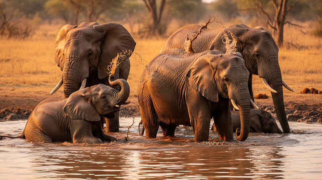 Playful elephants and calves splashing water in a muddy pool during a refreshing bath in the wild.