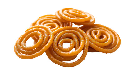 Fototapeta premium Golden spiral shaped jalebi sweet pastries piled high indian dessert isolated on transparent white background