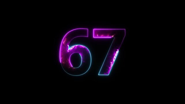 Neon number 67 with alpha channel, number sixty seven, numerology, neon number with transparent background