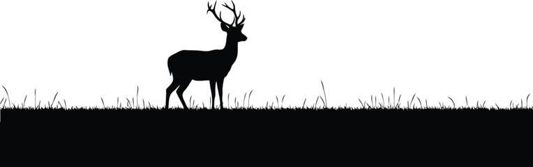 Fototapeta premium Deer Silhouette Standing on Grassy Hill Isolated on White