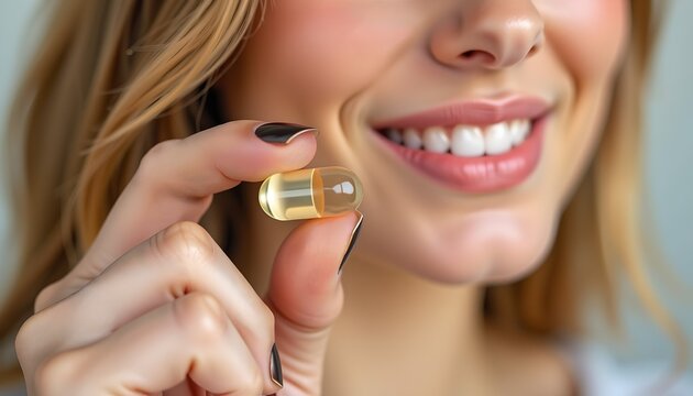 Close-up of a smiling woman holding a golden dietary supplement capsule.