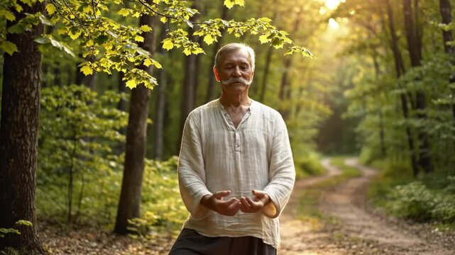 Senior man practicing tai chi in forest on a sunny day with arms outstretched in nature meditation