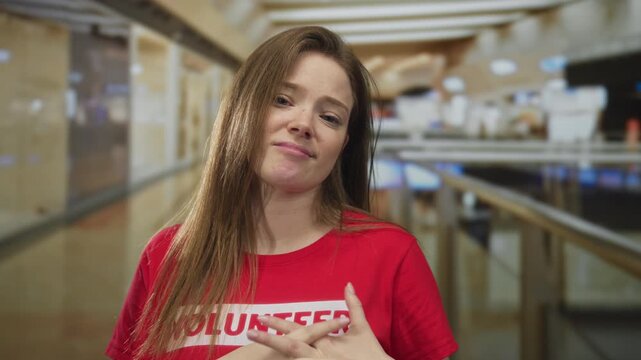 Young caucasian woman wearing volunteer tshirt shrugs shoulders in building with smirk; indifference.