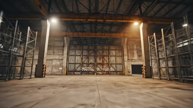 Empty warehouse interior low angle wide shot with large metal doors and empty storage racks