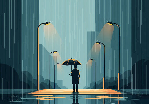 Illustration of a person standing alone under an umbrella on a city sidewalk.
