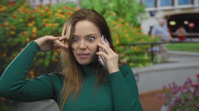 Woman wearing green sweater holding smartphone to ear with hand on forehead at building facade under daylight; stress confusion frustration.