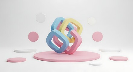 Colorful intertwined geometric shapes on pastel podium, abstract 3D composition for modern branding, creative product presentation or playful background design