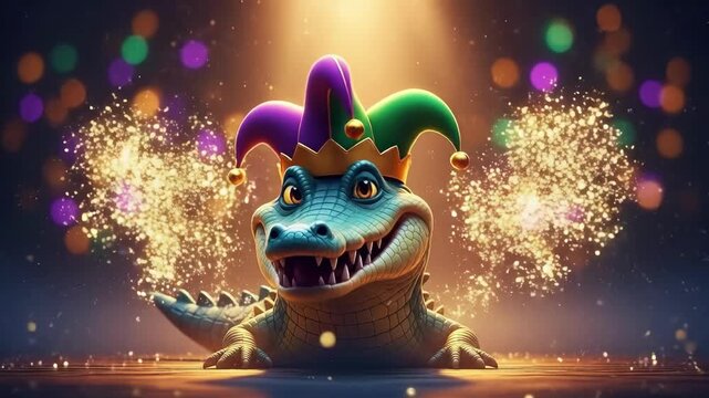 Cute alligator cartoon in jester hat and crown with open mouth. Mardi Gras celebration symbol for greeting card. Festive illustration.