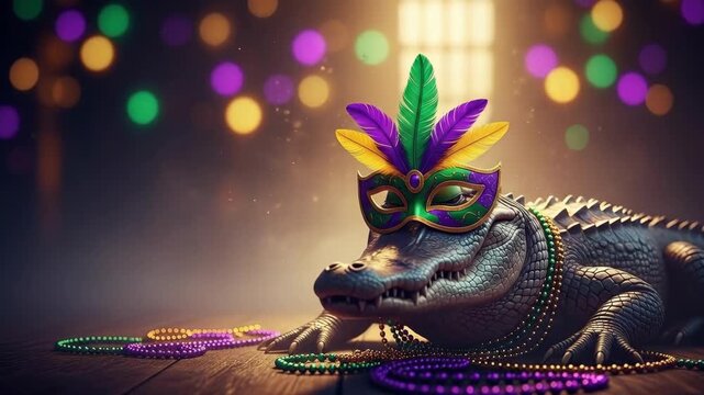 Large animal on floor with festive mask and colorful beads. Mysterious creature with Mardi Gras celebration concept. Holiday party.