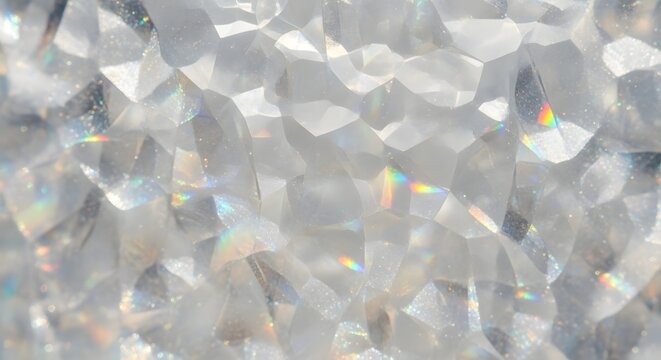 Close-up of a crystal surface with sharp facets and scattered rainbow light refractions, creating a dazzling and luxurious abstract background.