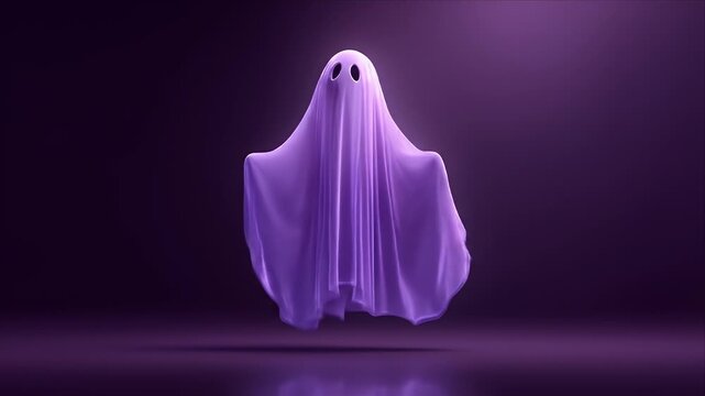 A ghost wearing a sheet stands alone in a dark purple room with a spotlight.