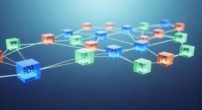 A network of interconnected 3D cubes in various colors, symbolizing connection and technology, viewed from a slight angle.
