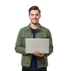 Young man holding a laptop and smiling at the camera isolated on transparent background
