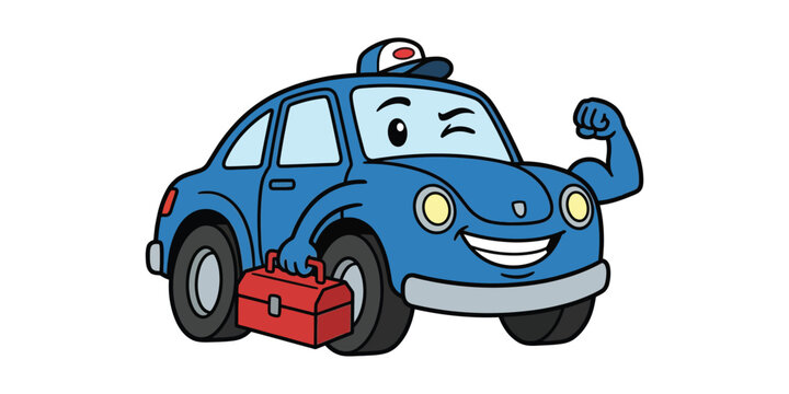 A cartoon car with a smiling face and flexed arm, next to a red battery pack, on a plain white background