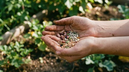 Hands Holding Various Garden Seeds for Planting in a Home Vegetable Garden