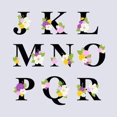 J to R uppercase graphic letters with flowers leaves. Floral lettering initials for wedding logo monogram, greeting cards, invitations template design. Elegant alphabet font decorated with flowers.