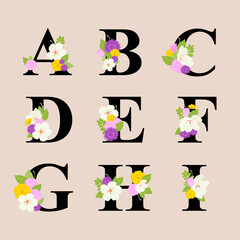Set of elegant alphabet font decorated with with colorful flowers. A to I uppercase graphic letters with flowers leaves. Floral lettering initials for wedding logo monogram, greeting cards, invitation