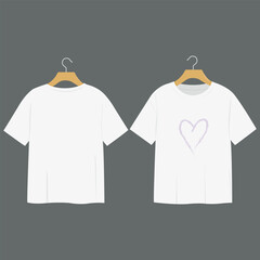 Women T shirts on a hanger. Graphic white short sleeve tee with heart design. Templates for unisex T shirt apparel, front and back view. Textile print template mock up sketch for fashion clothing. 