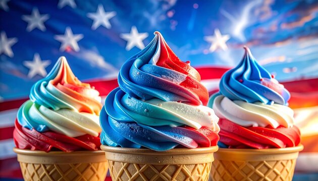 Patriotic-themed swirled soft-serve ice cream in red, white, and blue with sprinkles, served in white bowl with red accents, strawberry and blueberry garnish, and blurred stars-and-stripes background.