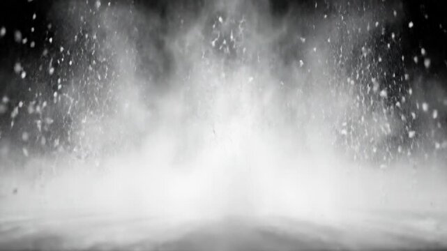 Black cloud particles with white powder burst concept. Closeup of water splash with droplets and mist in dynamic motion on dark background