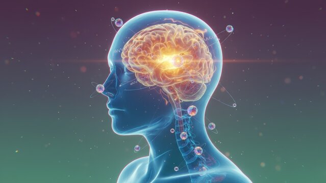 A bioglass human figure with glowing brain and crystal symbionts showing mind as living system seizure disorders epilepsy