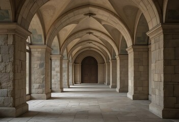 Arched Cloister Corridor with Vaulted Ceiling and Stone Columns in Monastery