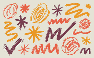 Fototapeta premium Hand drawn abstract scribble shapes and doodles in warm autumn colors of orange yellow and purple creating a playful energetic and artistic pattern for graphic design and illustration projects celebra