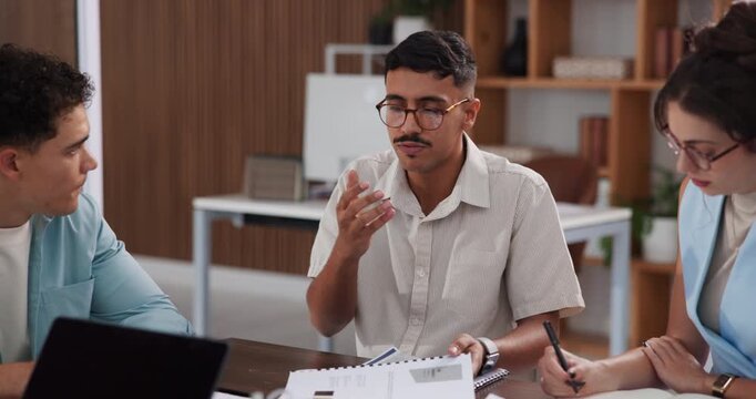 Speaking, meeting or people with paperwork in office, applicant screening or cv evaluation process. Explain candidate selection, teamwork or hr staff with hiring discussion, resume review or writing