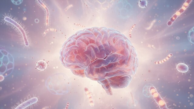 A dreamlike brain surrounded by abstract microbes in soft space showing unseen biological motion seizure disorders epilepsy