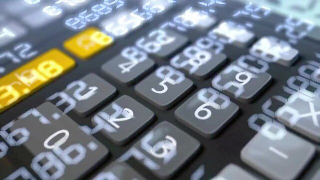 Abstract 3D animation of a digital calculator keypad with flowing financial data numbers for accounting and stock market concepts.