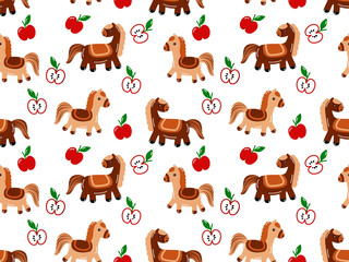 Fototapeta premium Seamless pattern of cute cartoon horse and apple with white background . Cute design for kids' supplies.