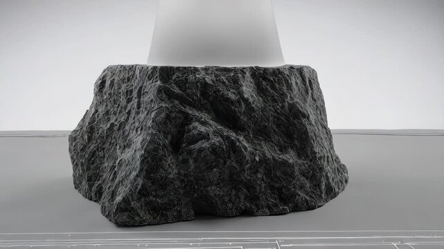 Clear glass sculpture on rock-like base, resting on schematic design drawing