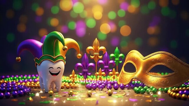 Smiling character tooth in jester hat at Mardi Gras. Dental health concept for celebration with golden mask and festive decoration.