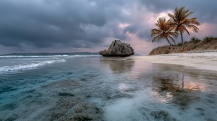 Obraz premium As twilight descends, the tranquil beach reveals a rocky formation surrounded by calm waters. Palm trees sway gently, reflecting the soft colors of the sky and inviting peace