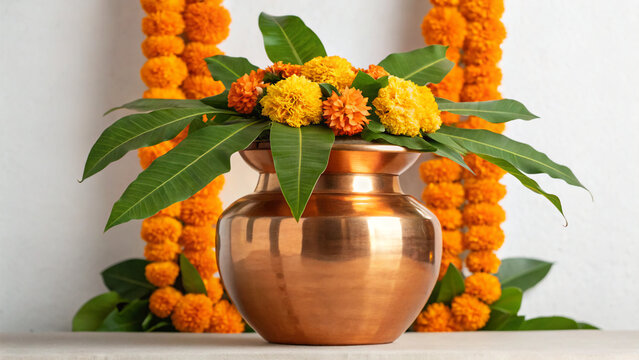 Floral arrangement with marigolds in a copper pot on display during festival celebration ina decorated space