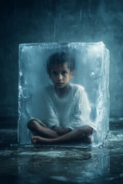 Scared child frozen encased in a giant block of ice on dark background, immigration and loneliness themes