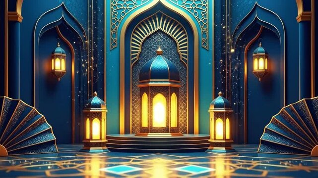 Blue and gold islamic arch with illuminated lanterns. Ramadan kareem celebration for muslim holiday. Traditional arabesque design.