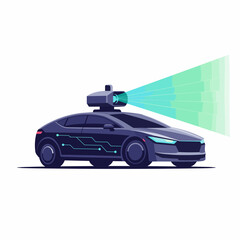 Obraz premium Autonomous self driving car vehicle sensor lidar radar camera technology scanning road ahead for navigation and safety with futuristic digital circuit design modern transportation concept for automoti