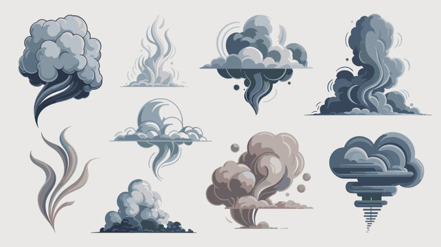 Collection of stylized smoke and cloud elements various shapes and forms abstract atmospheric effects for design backgrounds motion graphics and visual narratives modern graphic resource illustration
