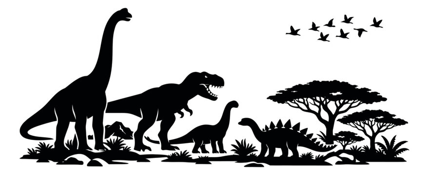 Silhouette dinosaur set featuring prehistoric creatures, trees, and flying birds for educational design