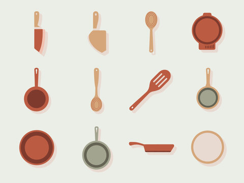 Modern kitchenware flat icon set illustration collection of cooking utensils including knife spatula spoons pans and pot for culinary design elements food blogs recipe websites restaurant menus and ki
