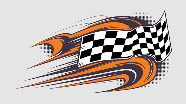 Racing checkered flag waving dynamic speed motion graphic with abstract orange and purple tribal flames and halftone dots for motorsport competition victory concept design element