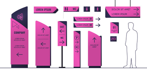 Office building interior signage set isolated on white. Vector realistic illustration of directory signs with arrows, company totem, pylon, direction indicator, advertising board, info stand, wc icons