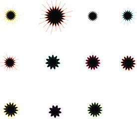 Obraz premium Black firework burst icon set with colorful neon sunburst frames and explosion star shapes vector