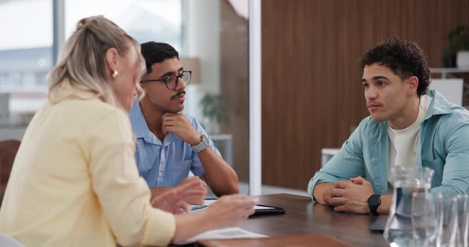 Meeting, business and people talk in office for discussion, planning and article feedback. Team, chat or staff listening with documents, brainstorming and communication for publication pitch of story