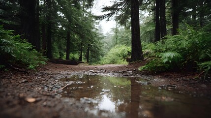 Obraz premium A quiet forest trail glistening with puddles and mud reflects the tall evergreen trees under an overcast sky evoking a sense of serene solitude