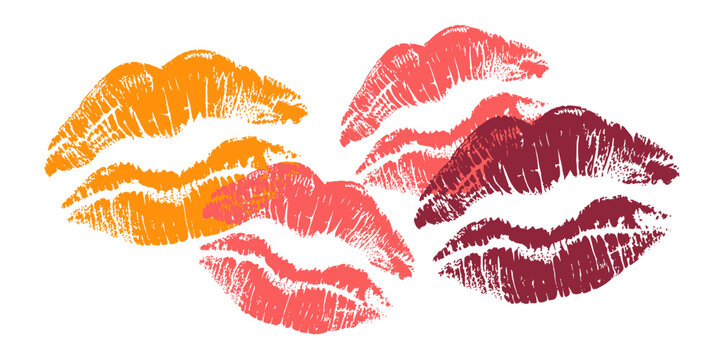 Set of colorful lipstick kiss marks imprints sensual passion romance affection love dating beauty fashion cosmetic makeup product design element isolated on white background vibrant abstract illustrat