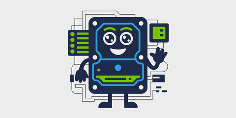 Friendly cartoon hard drive character waving hello with a smile representing data storage technology and digital information concepts for tech presentations and IT solutions modern illustration