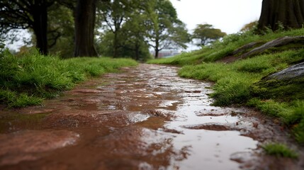 A wet stone pathway glistens with puddles and reflections after rain in a park